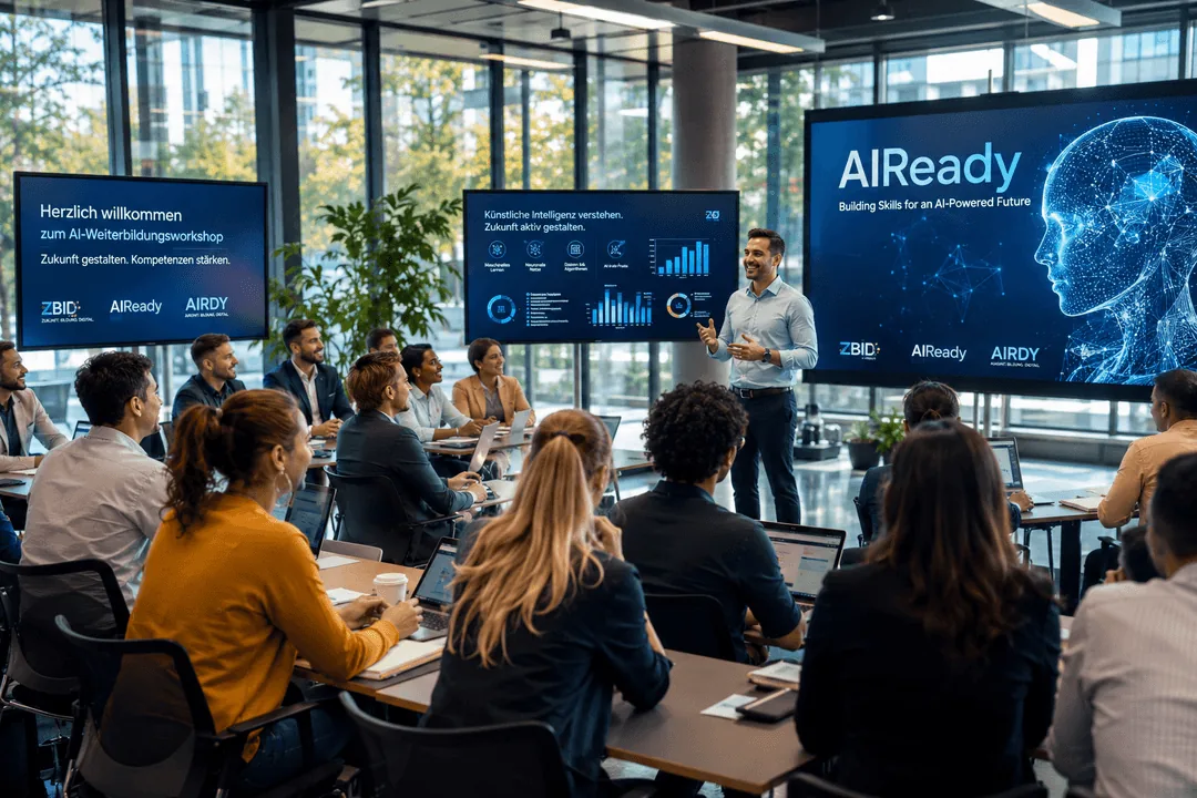 KI-Workshop der AI READY Academy mit Trainer und Teilnehmenden vor großen Bildschirmen